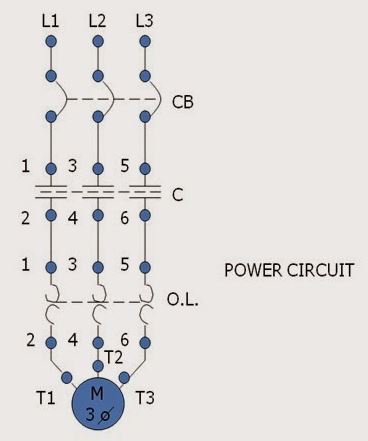 Wiring with the internal connections of the magnetic starter omitted