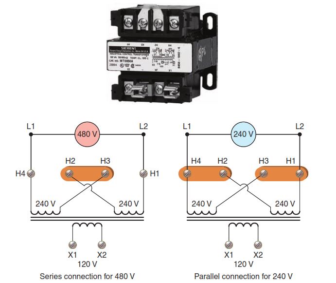 Typical dual-voltage 480 V and 240 V transformer connections